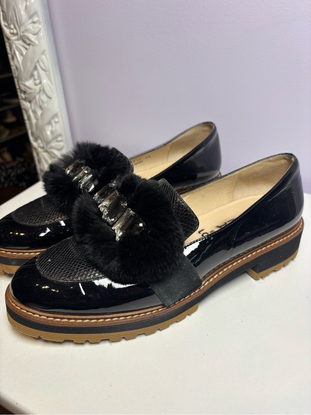 Gadea by LODI Black Patent Faux Fur & Crystal Chic Luxury Whimsical Loafers 40 - Picture 2 of 7